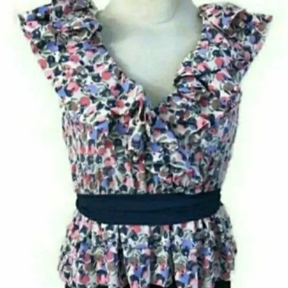 NWOT RUFFLE COLLAR TOP PEPLUM TOP BELTED BLUE FLORAL SZ 6 WOMENS 6 - Picture 2 of 4